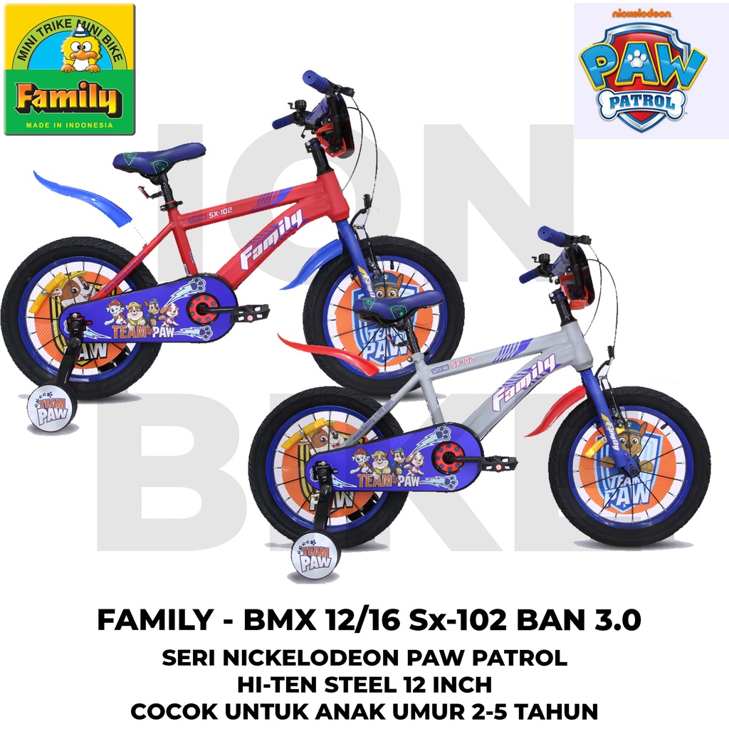 Sepeda BMX 12 16 Family Paw Patrol SX102 PawPatrol Ban 3.0  Besar Terbaru Anak Boys Kids Bike KidsBi