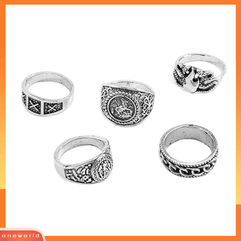 [ONWL] 5pcs/set Cincin Buku Jari Pola Halus Geometris Mewah Retro Electroplating Dekorasi Perhiasan Pria Vintage Gothic Knuckle Joint Rings Untuk Pesta