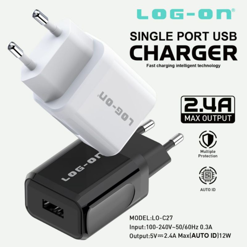 ADAPTOR CHARGER LOG - ON SINGLE PORT USB CHARGER 2.4A BATOK LOG ON