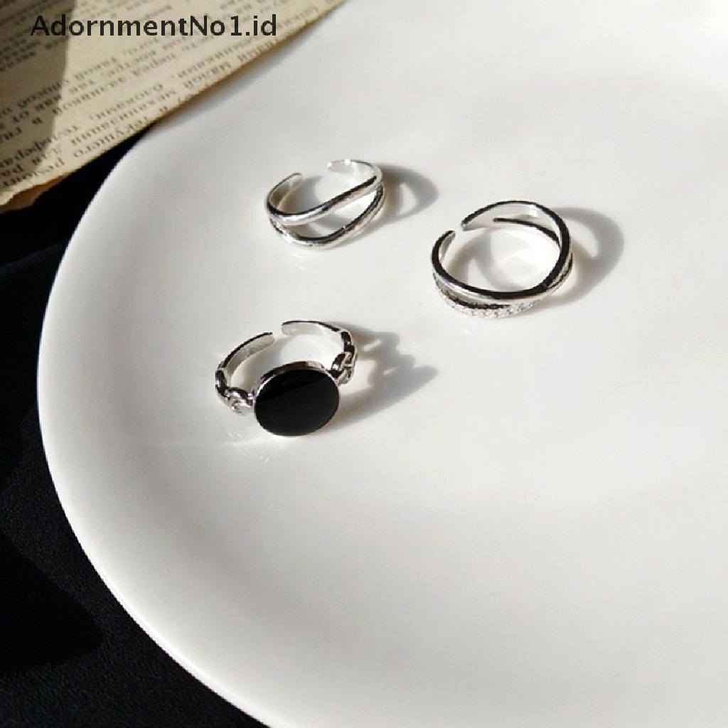 [AdornmentNo1] Fashion Oval Berbentuk Hitam Drop Glaze Warna Perak Cincin Terbuka Temperamen Ganda Perhiasan Hadiah Untuk Wanita [ID]