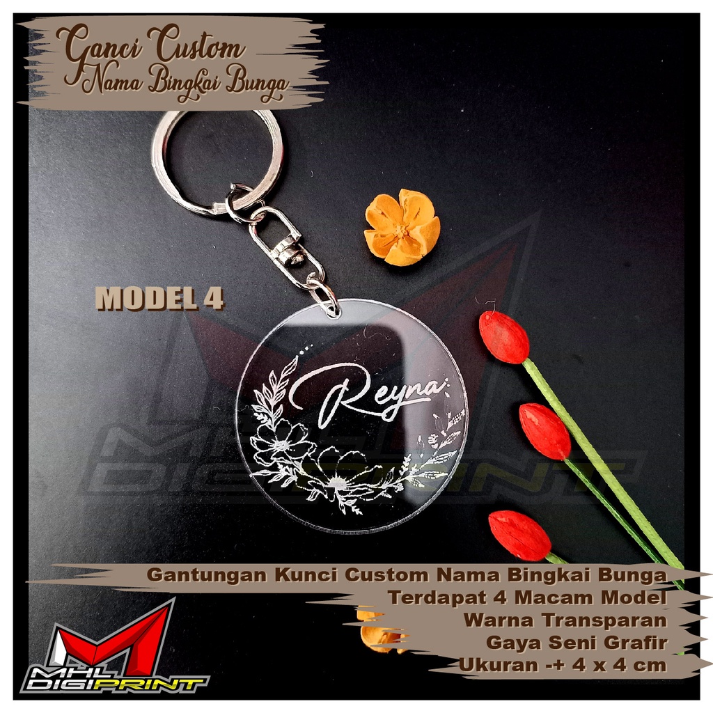 GANTUNGAN KUNCI AKRILIK CUSTOM NAMA BINGKAI BUNGA - GANTUNGAN KUNCI CUSTOM - SEHARI JADI - TANPA MINIMAL ORDER - GANTUNGAN KUNCI AKRILIK