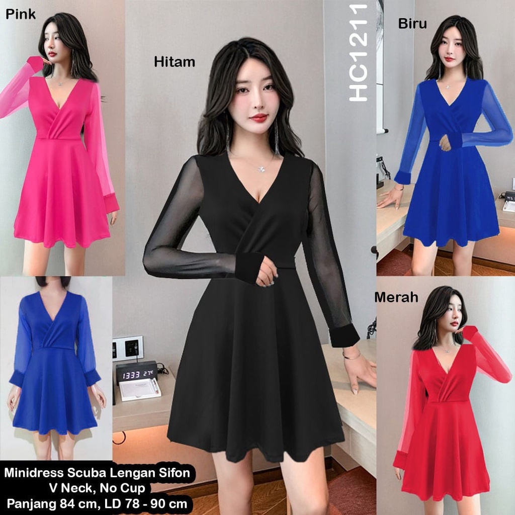 HC1211 Mini Dress Scuba Lengan Sifon V Neck No Cub Bra / Dress Pendek / Drees mini / Dres seksi / Sexy Mini Dress