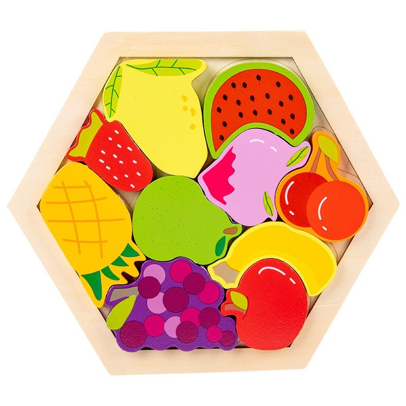 Puzzle 3D hexagon animal angka anak, Puzzle cocokkan bentuk kayu anak