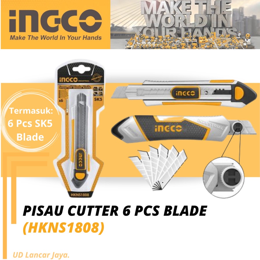 Ingco HKNS1808 Pisau Cutter Snap Off Blade Knife Slim 6 Pcs Blade