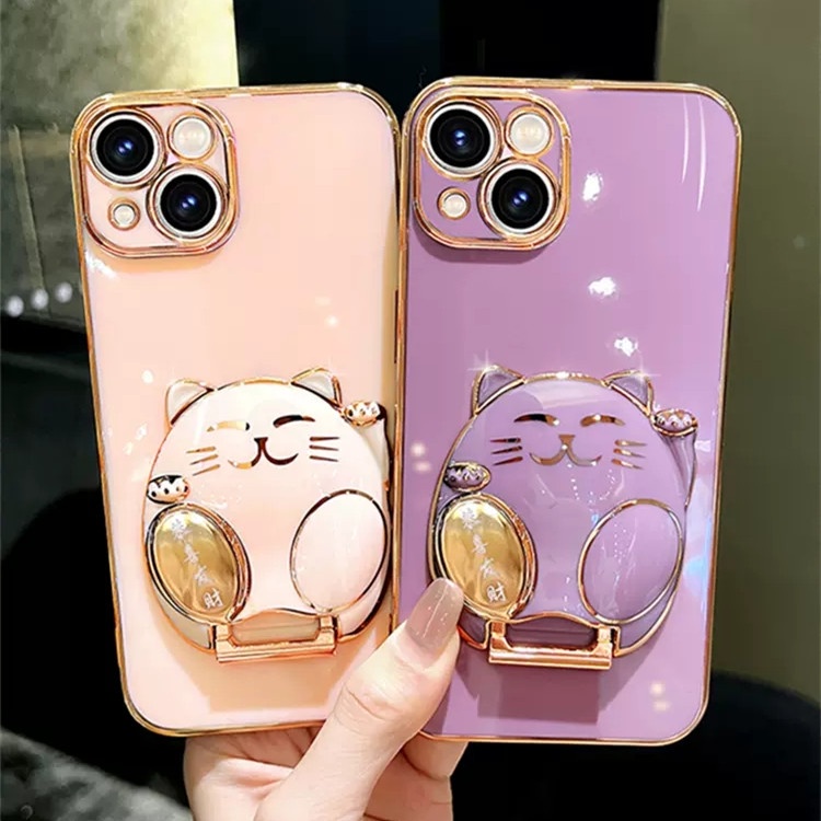 IPHONE 3d Fortune Cat Plating Stand Holder Phone Case Untuk Iphone12 Pro Max13 Pro Max14 Pro Max14Plus Casing Soft Cover Silikon Ultra-Tipis Mewah