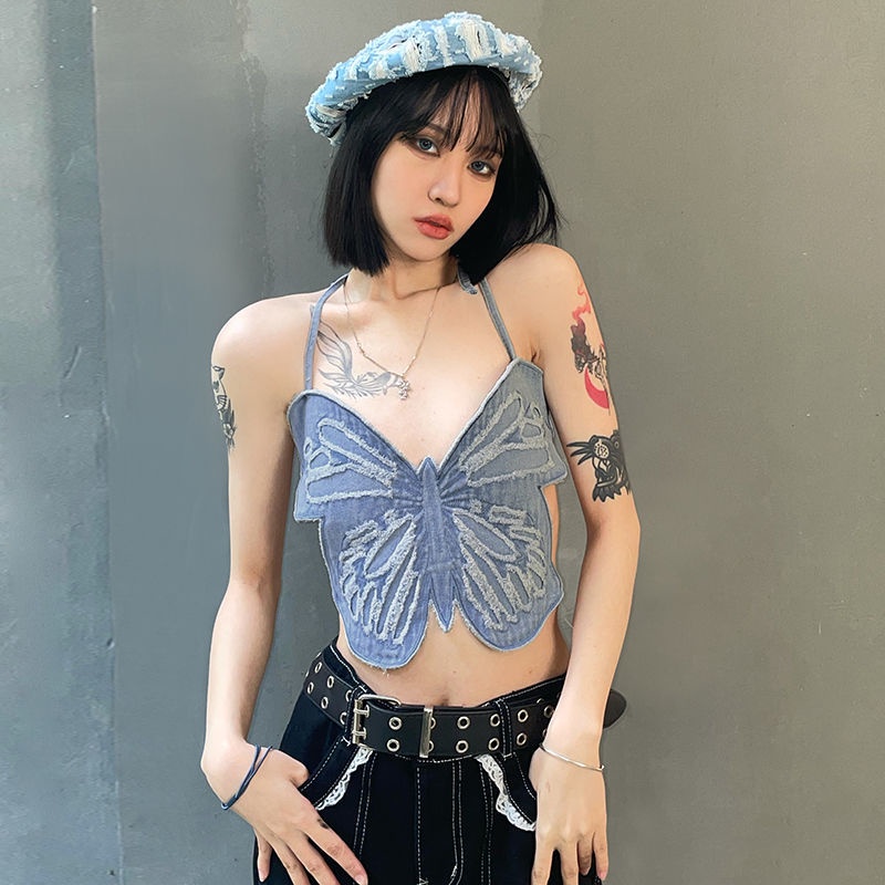 ❃✒✟Eropa dan Amerika fashion babes gaya kupu-kupu seksi rompi denim wanita menggantung leher dasi indah kembali niche all-match suspender pasang