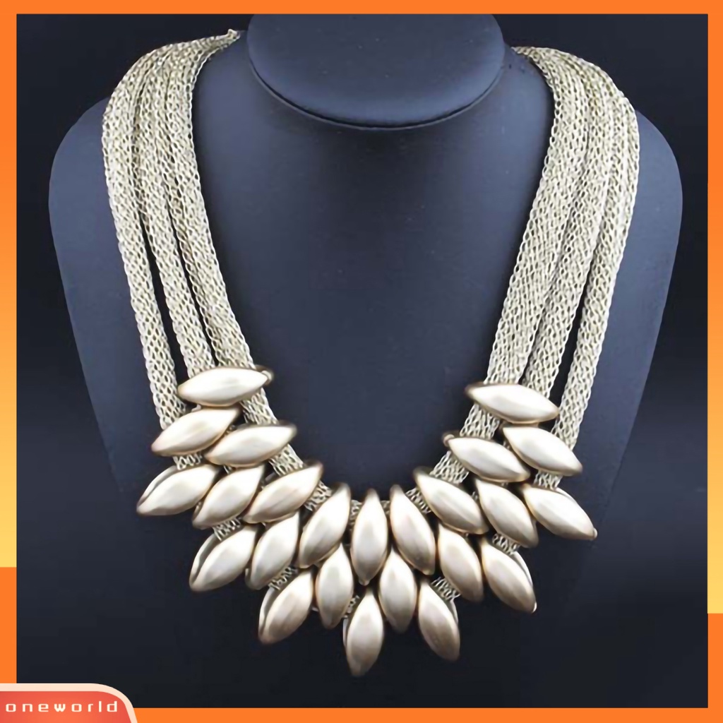 {oneworld} Bib Kalung Multi-layer Braided Alloy Liontin Daun Statement Choker Necklace Untuk Pesta