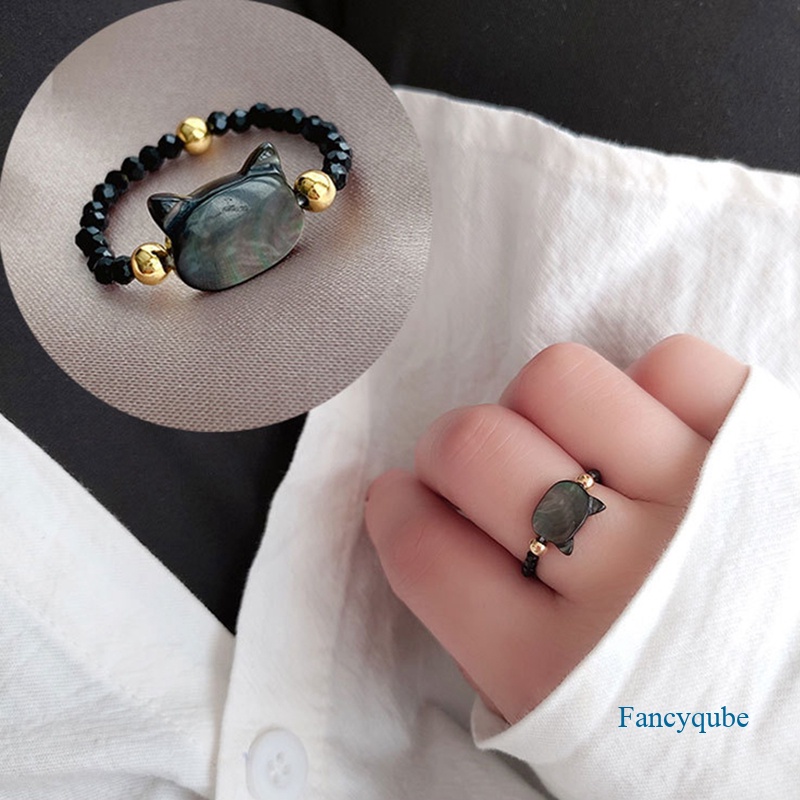 Cincin Vintage Lazy Cat Face Kristal Shell Fashion Gaya Retro Adjustable Tidur Kucing Rings Untuk Wanita Pria