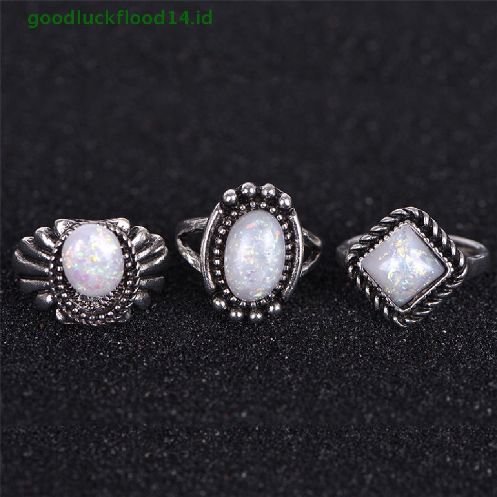 [GOOGFOUR] 8pcs/set Cincin Perak Putih Api Opal Cincin Kawin Tunangan Cincin Wanita Perhiasan [TOP]