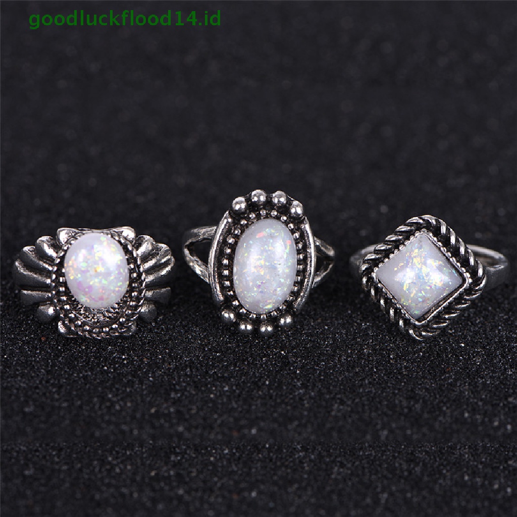 [GOOGFOUR] 8pcs/set Cincin Perak Putih Api Opal Cincin Kawin Tunangan Cincin Wanita Perhiasan [TOP]