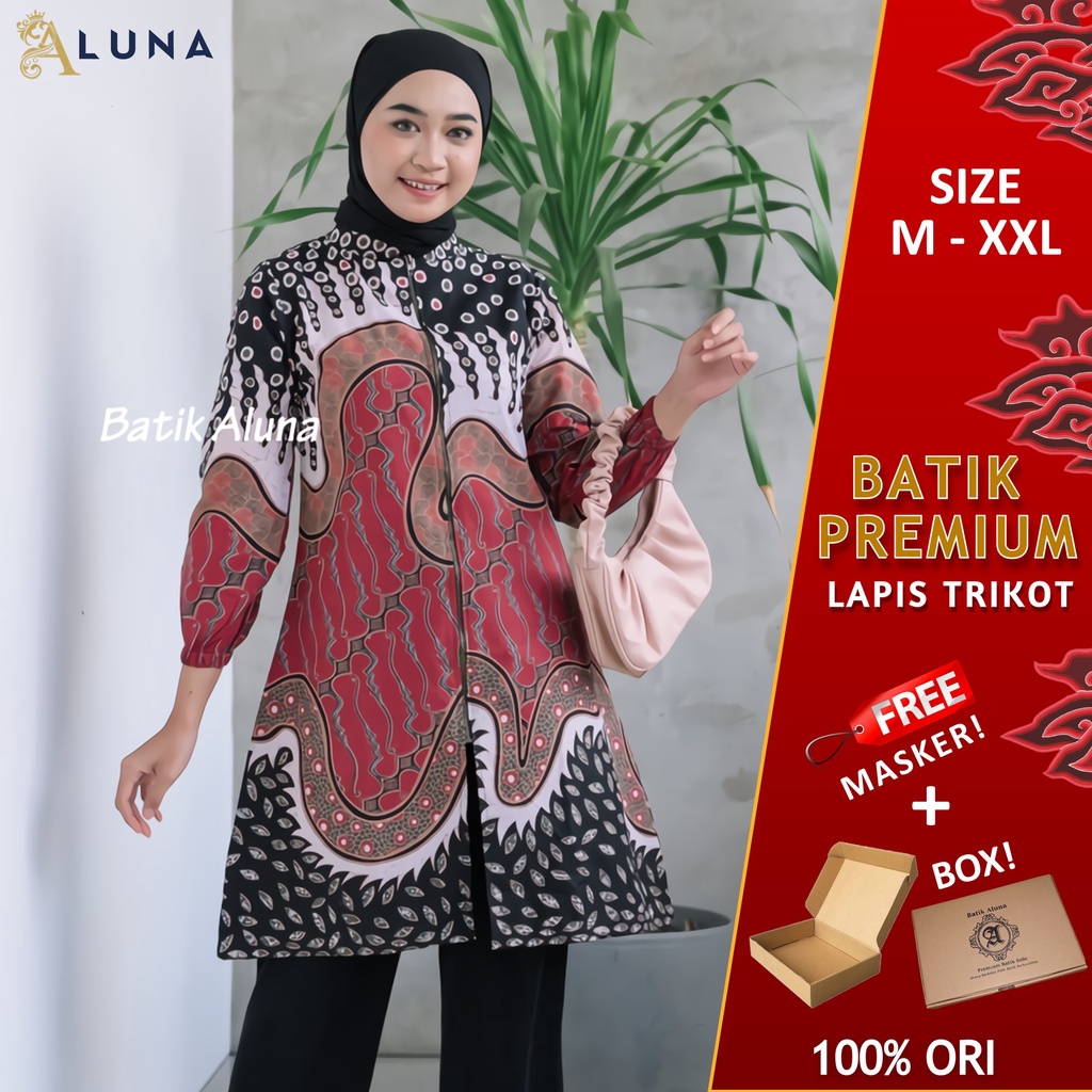 Baju Batik Wanita Tunik Lengan Panjang Katun Lapis Trikot Premium Modern Original Model Resleting Depan Batik Kerja Kantor Kondangan Size M L XL XXL