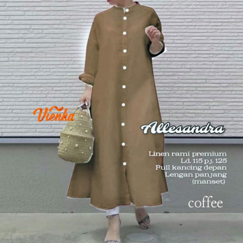 Allesandra midi dress katun linen jumbo ld 120 xxl full kancing