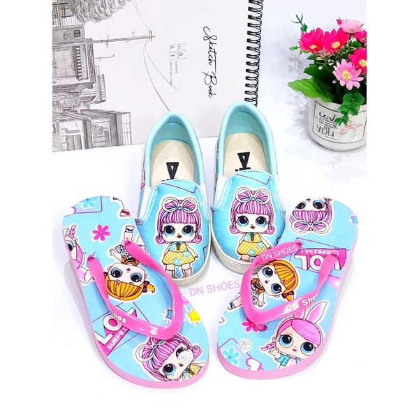 Paket Sepatu Anak Perempuan Sepatu dan Sandal jepit Anak Perempuan Slip on Anak Mutah Lucu Karakter LoL Biru