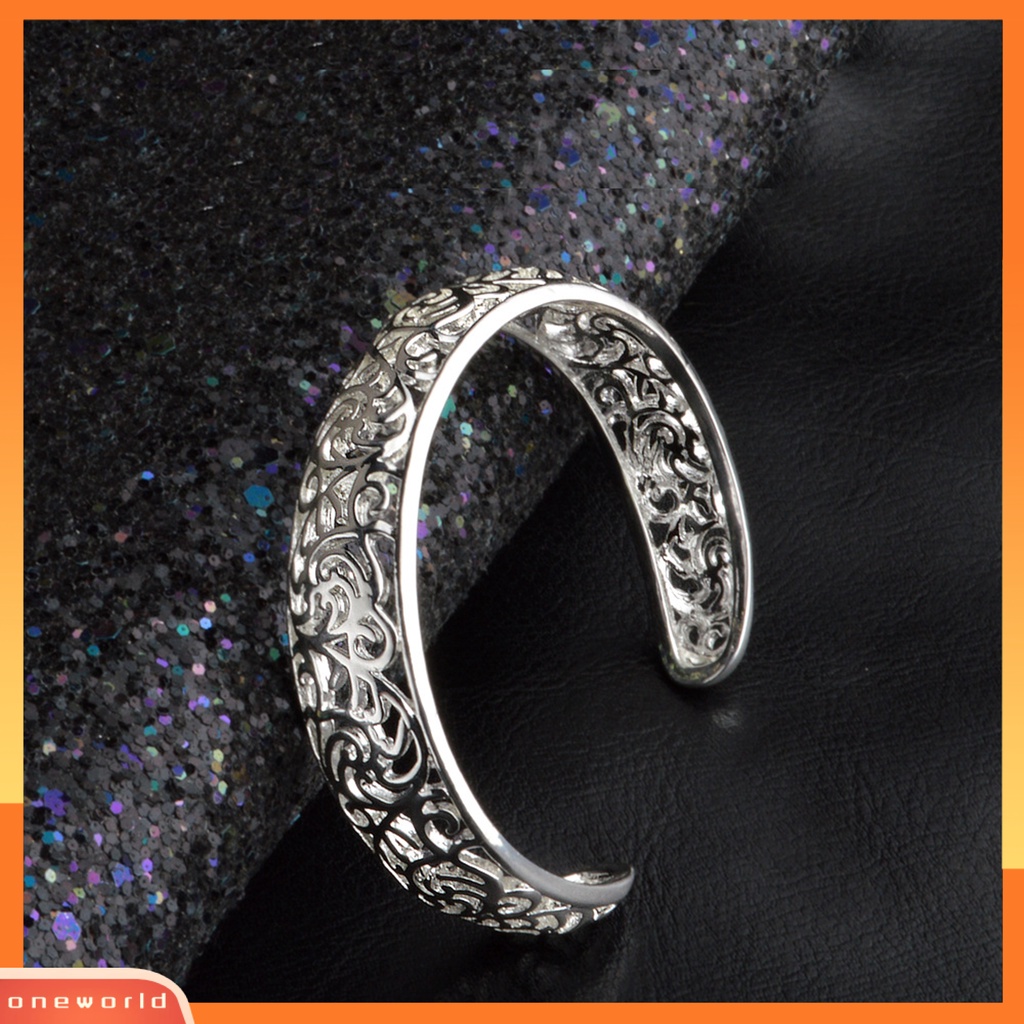 {oneworld} Gelang Cuff Bukaan Pengerjaan Indah Hollow Warna Silver Motif Ukir Retro Bangle Untuk Pesta