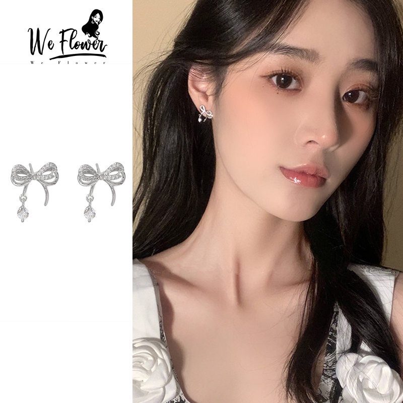 Kami Bunga Elegan S925 Perak Berlian Imitasi Busur Stud Anting-Anting Untuk Wanita Gadis Korea Bersinar Zirkon Ikatan Simpul Anting-Anting Perhiasan Telinga Mode