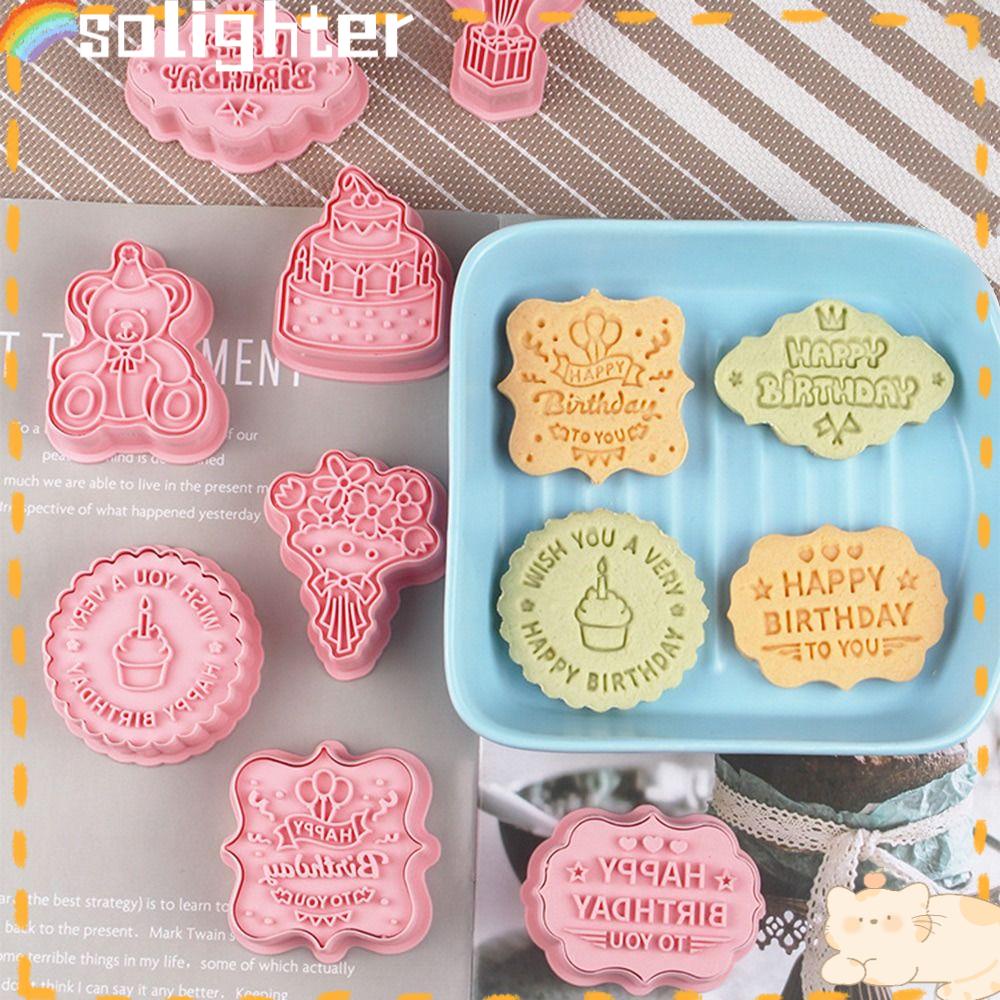 Solighter 8 Pcs/set 3D Happy Birthday DIY Makanan Fondant Cookie Cutter Baking Cetakan Plunger Kue Bunga