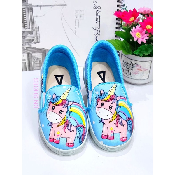Sepatu Anak Perempuan Slip On Anak Sepatu Flatshoes Anak Lucu Karakter Unicorn Biru