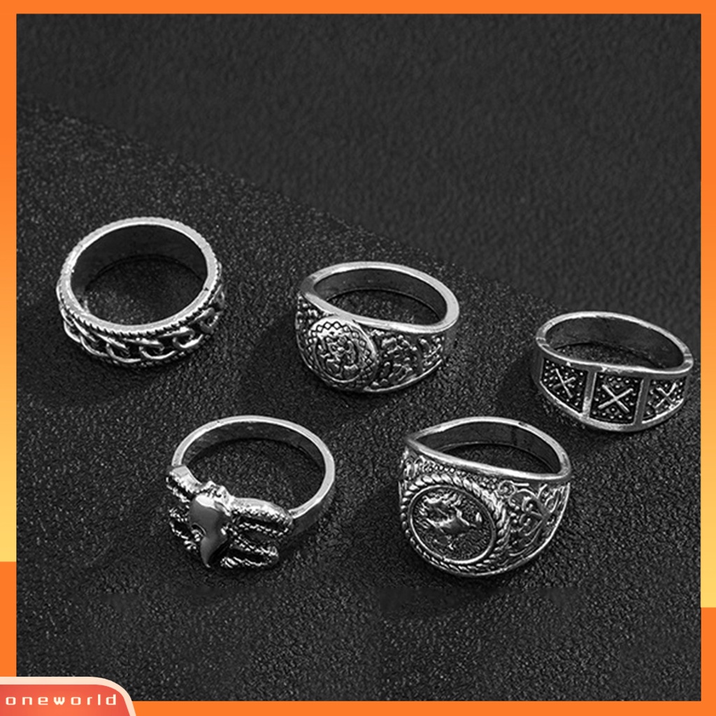 [ONWL] 5pcs/set Cincin Buku Jari Pola Halus Geometris Mewah Retro Electroplating Dekorasi Perhiasan Pria Vintage Gothic Knuckle Joint Rings Untuk Pesta