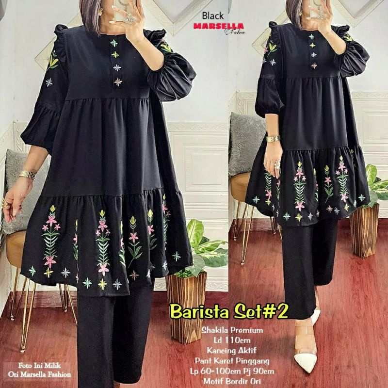 Barista Set #2, SETELAN TUNIK &amp; CELANA CANTIK MODIS FIT XXL LD 110 BAHAN SHAKILA PREMIUM MIX BORDIR TERMURAH TERLARIS OOTD