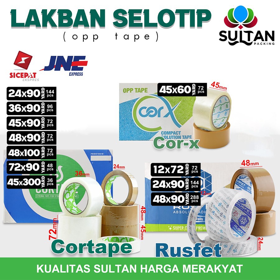 

Lakban Isolasi Selotip OPP Tape CORTAPE RUSFET Plakban Packing TERMURAH KARGO / DUS