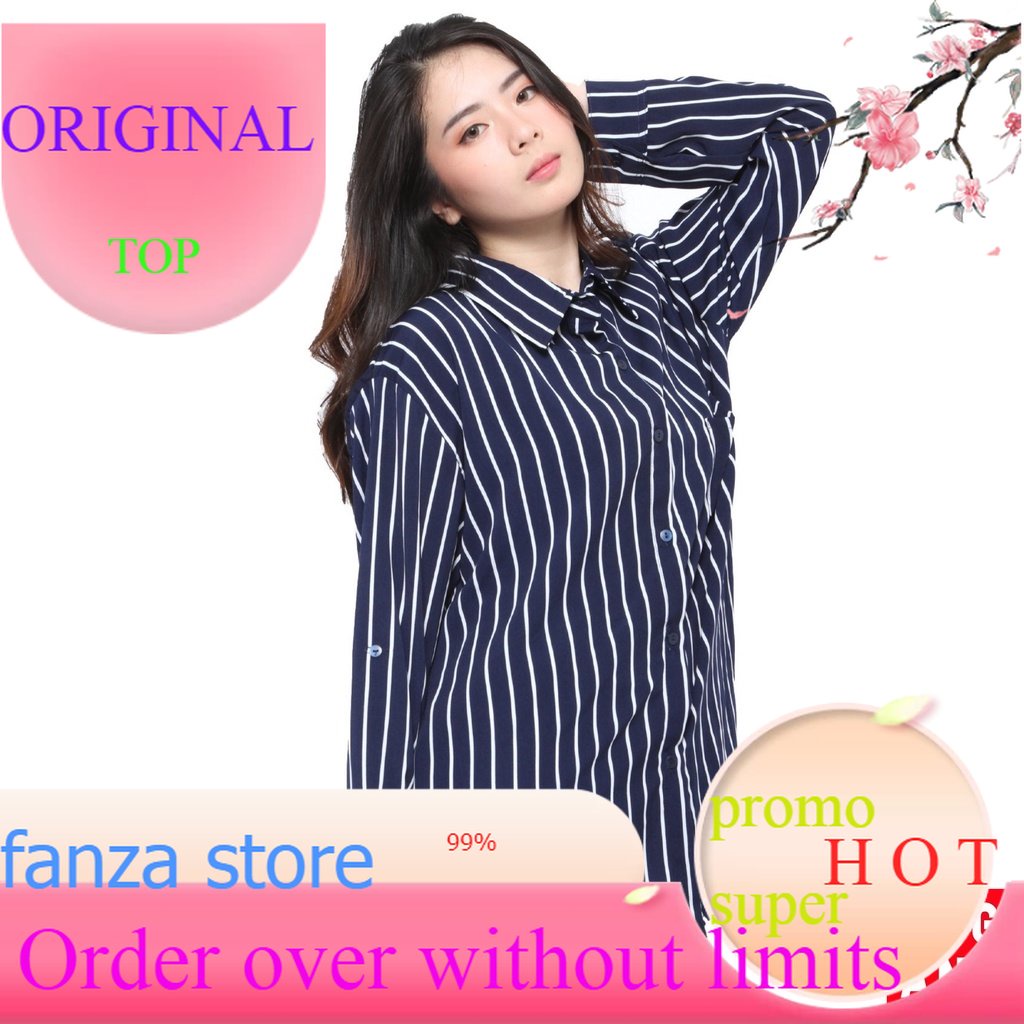 Kemeja Oversize Wanita Lengan Panjang Garis kemeja lengan panjang wanita