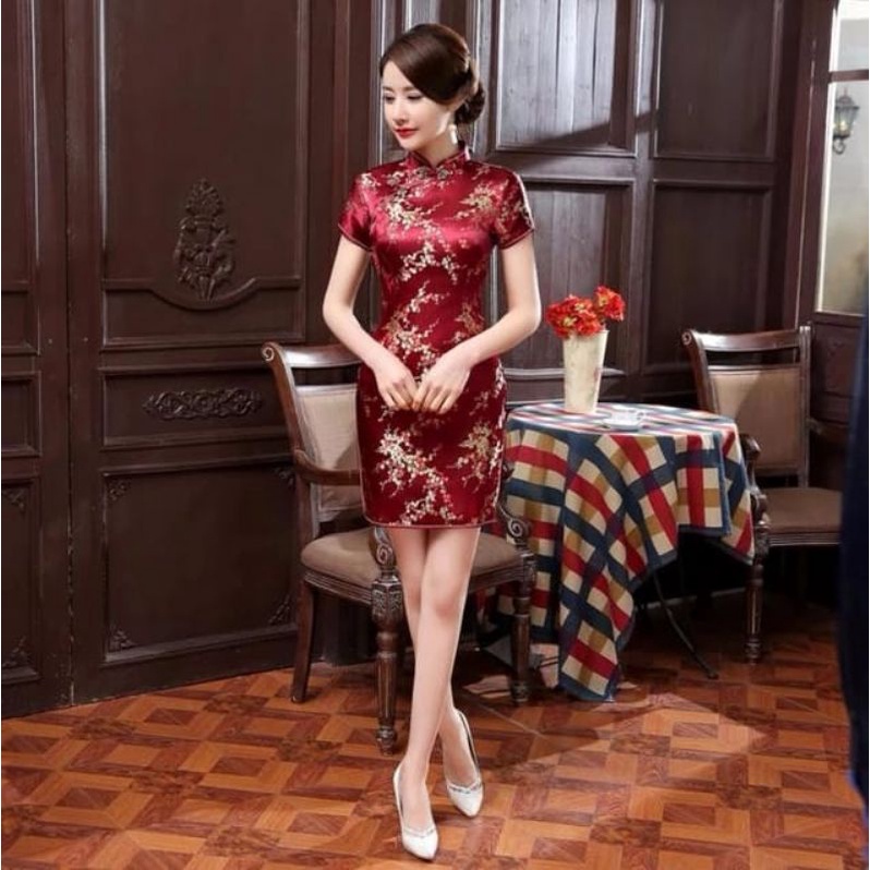Cheongsam dress satin motif bunga qipao import