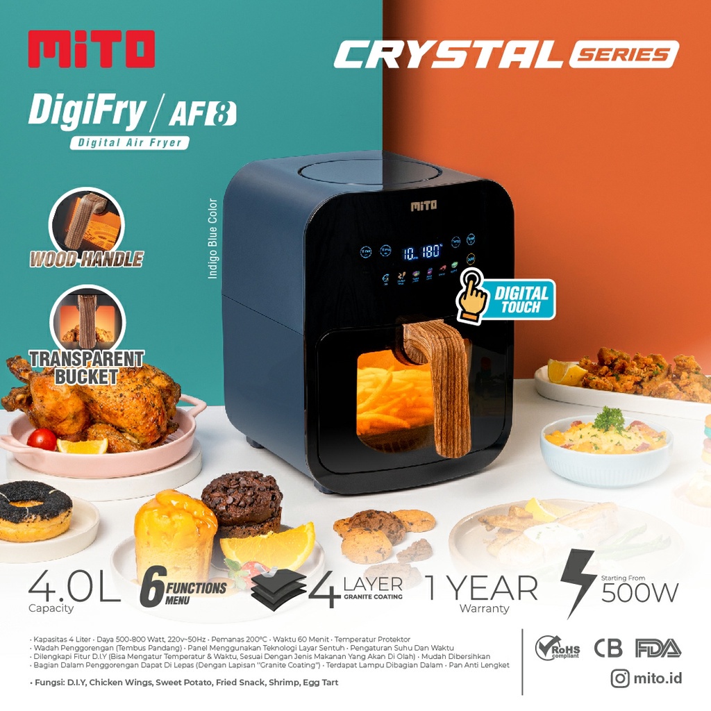 Mito Air Fryer AF8 Kapasitas 4 Liter | Penggoreng Menggoreng tanpa Minyak Mitochiba Wadah Transparan Garansi Resmi