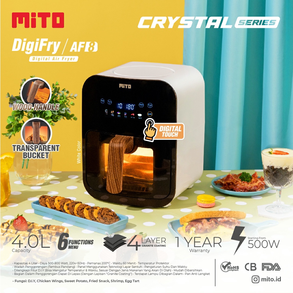 Mito Air Fryer AF8 Kapasitas 4 Liter | Penggoreng Menggoreng tanpa Minyak Mitochiba Wadah Transparan Garansi Resmi