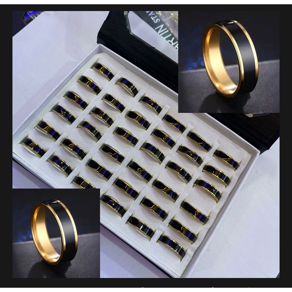 Cincin Couple Hitam Titanium 1Box isi 36Pcs Stainless Steel List Silver List Gold Dan Sisi Rata Polos 1 Box Anti Karat Selamanya Fashion Ring Partai Grosir