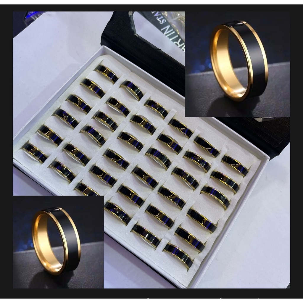 Cincin Couple Hitam Titanium 1Box isi 36Pcs Stainless Steel List Silver List Gold Dan Sisi Rata Polos 1 Box Anti Karat Selamanya Fashion Ring Partai Grosir