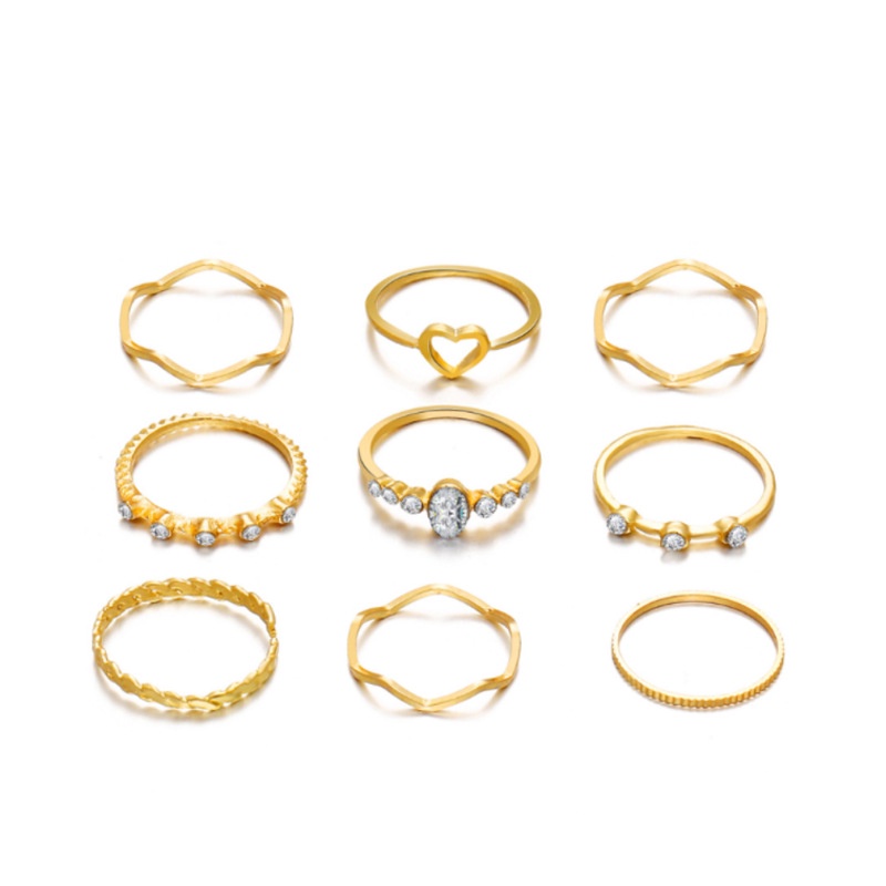 Papaozhu 9 Pcs Vintage Emas Zirkon Buku Jari Dapat Ditumpuk Cincin Set Untuk Wanita Gadis Chic Gelombang Geometris Berongga Jantung Rings Fashion Jari Perhiasan