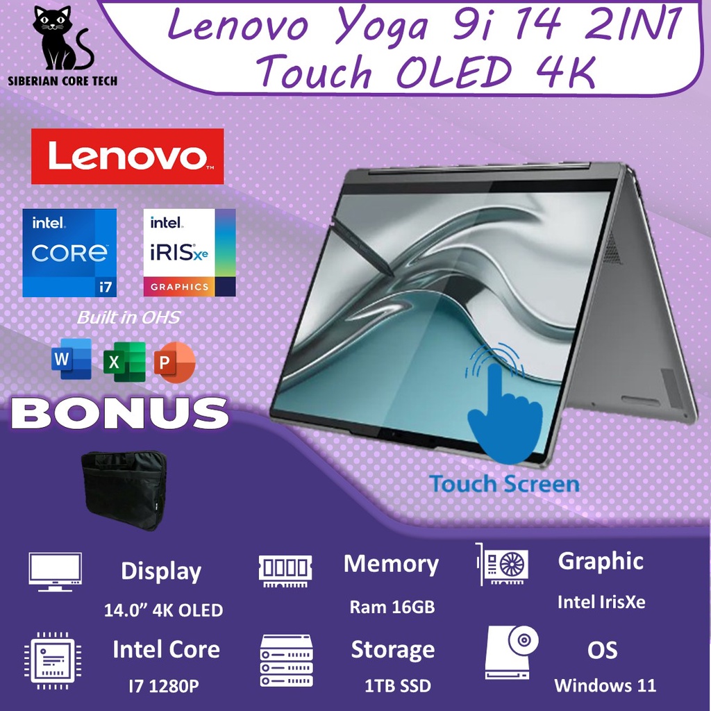 LENOVO YOGA 9 14 OLED 4K TOUCH I7 1280P 16GB 1TBSSD IRISXE W11+OHS 14.0 GLASS 2IN1 BLIT 3YR PREM+3ADP GRY -6FID