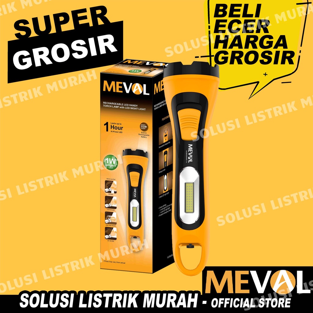 Meval LED Senter Cas 1W COB - Putih Charge Baterai Isi Ulang