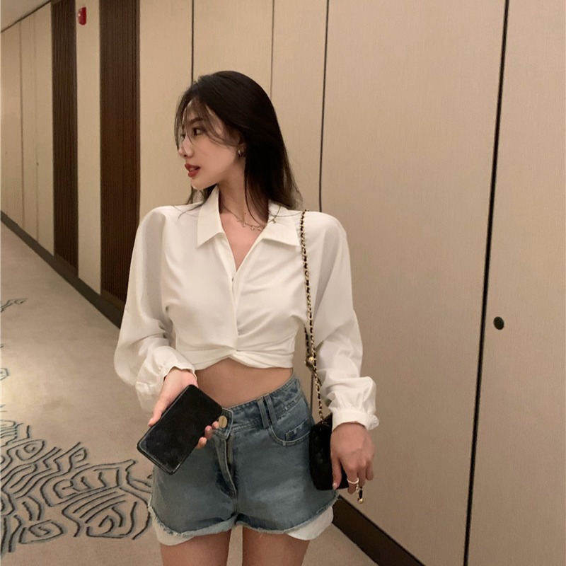 baju atasan wanita korean style/lengan panjang baju tunik atasan wanita kekinian import crop blouse