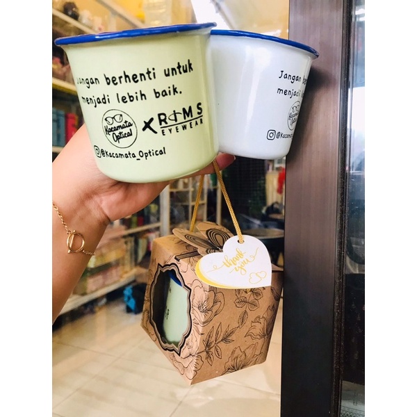 Souvenir Gelas enamel seng + sablon + kemas Box