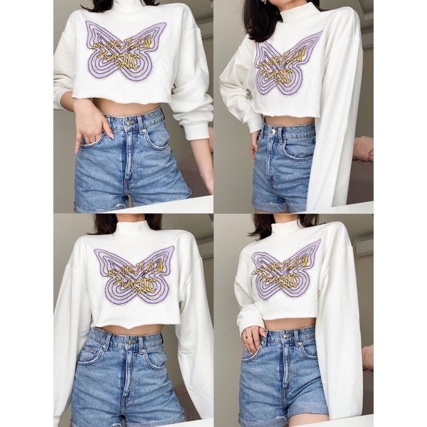 Crop Sweater HM Karma Magic Broken White Crewneck Crop HM Wanita soft cream
