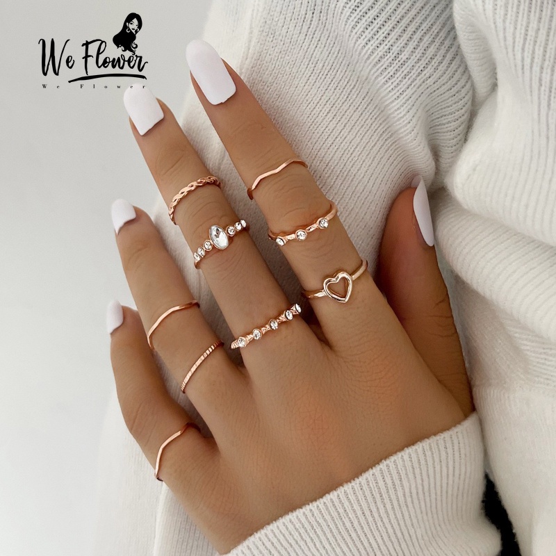 We Flower 9 Pcs Vintage Gelombang Emas Berongga Hati Berlian Imitasi Cincin Set Untuk Wanita Gadis Chic Geometris Susun Rings Fashion Jari Perhiasan