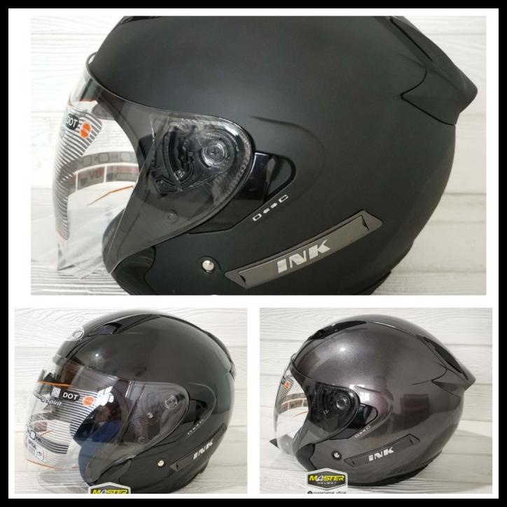 Helm Half Face Ink Metro 2 Solid Black Doff Matt Doubel Visor Helmet