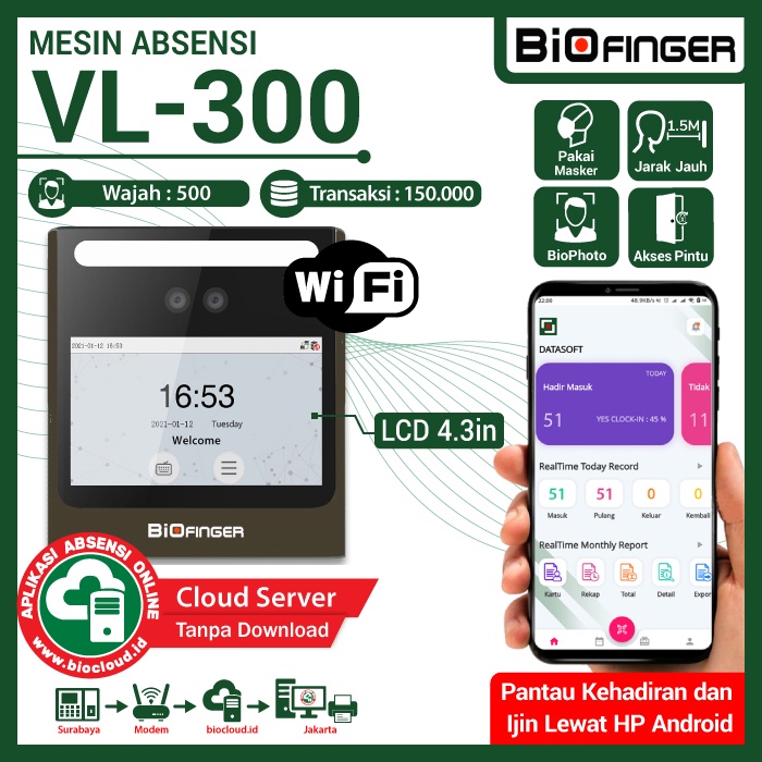 Absensi Wajah BioFinger VL-300 USB Flashdisk LAN WIFI Akses KOntrol OnLine Cloud Jarak 1.5M Masker Akurat Cepat