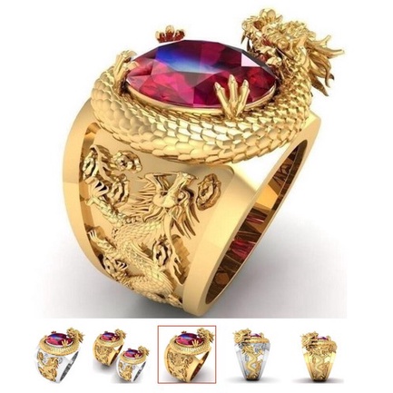 Cincin Naga Emas Perak Baja Titanium Ruby Pria Kristal Berlian Merah