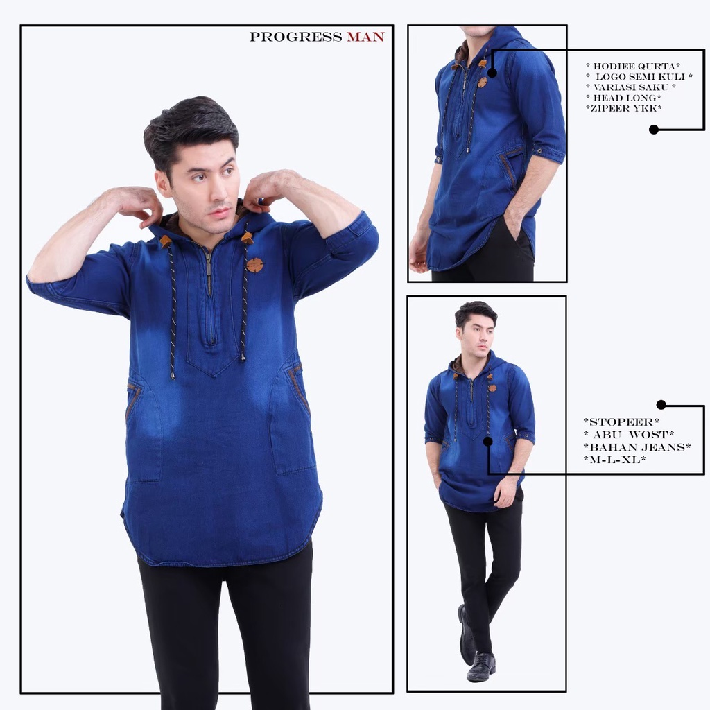 Koko Kurta Hoodie Reglan Pria Dewasa / Baju Koko Denim Hoodie Pria / Koko Jeans Pria