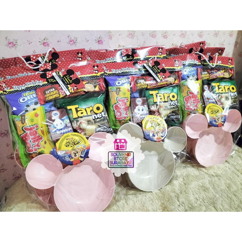 Piring jerami || Souvenir Piring Mickey Jerami || Paket souvenir lengkap Snack || Hampers Mickey Jerami