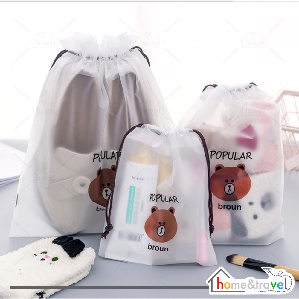 HOVELSHOP Tas Pouch Travel Beruang Organizer Model Serut Tempat Sabun Make Up Waterproof