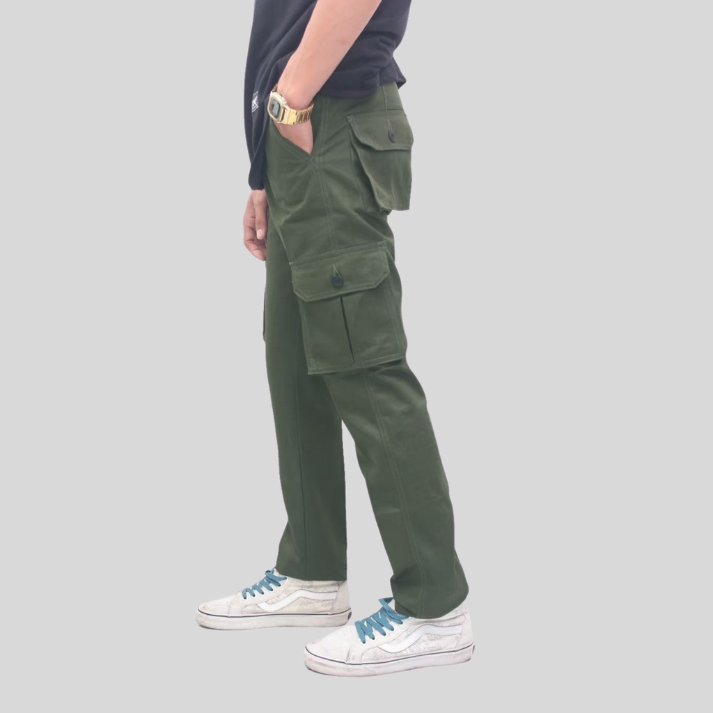 Celana Cargo Panjang Pria Hijau Army Premium Kanvas Original Slimfit Long Kargo PDL Distro Bigsize