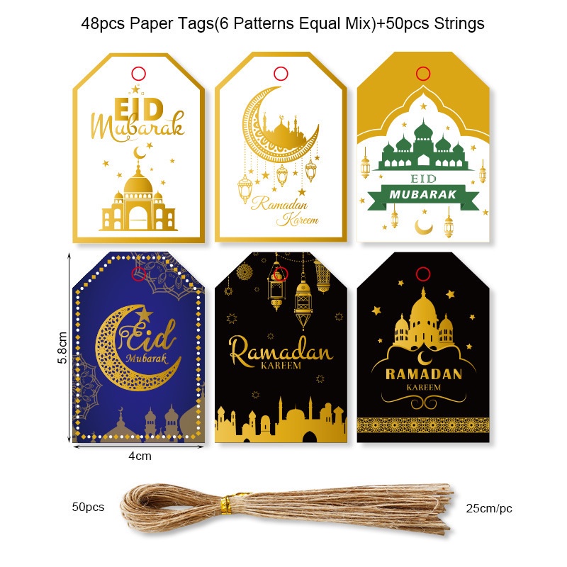 48pcs/set Kareem Ramadan Paper Hang Tag Perlengkapan Pesta Muslim Dekorasi Rumah Eid Mubarak Box Wrapping Card