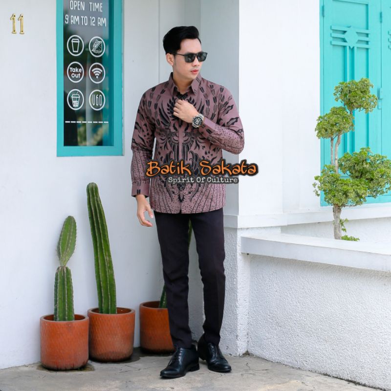 SIGRA Kemeja Batik Pria Slimfit Lengan Panjang Bahan Katun Halus Lapis Furing