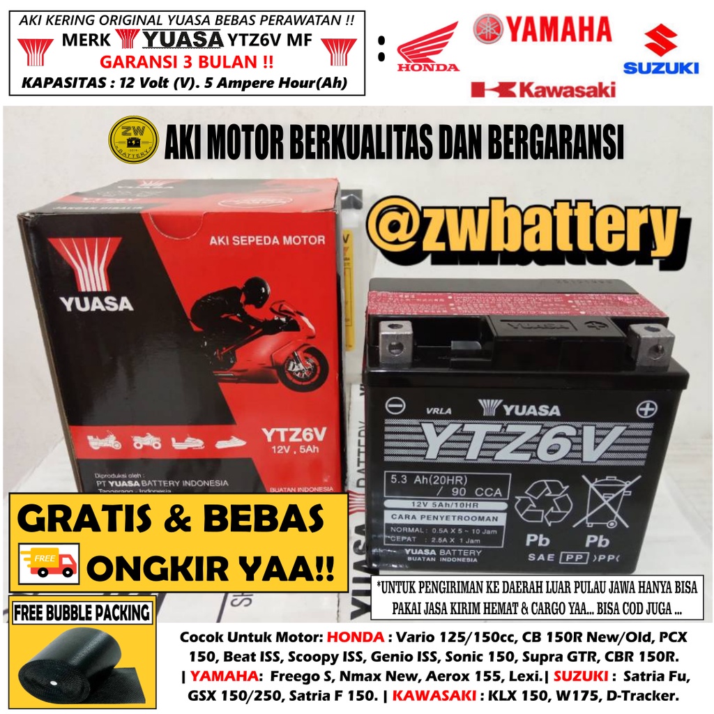 Jual AKI MOTOR VARIO 125/150, CB 150R OLD/NEW, PCX 150, KLX YTZ6V YUASA
