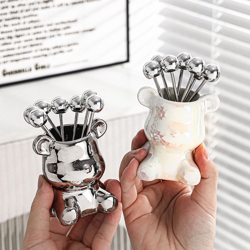 Mi.more Fruit Dessert Fork Keramik Holder Set (1Pc Holder+6Pcs Fork)/ Garpu Buah Stainless Steel