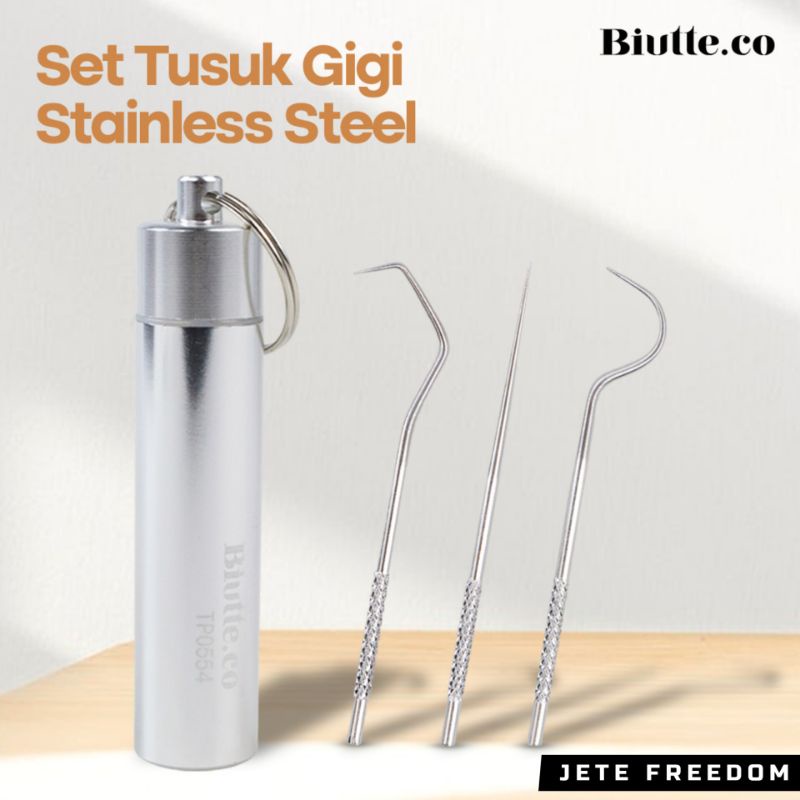 Topteeth Tusuk Gigi Dental Stainless Steel Toothpick SET 3 PCS Metal Flossing Tools Sonde Bengkok Ha