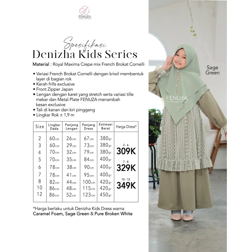 DENIZHA KIDS DRESS BY FENUZA GAMIS SYARI MURAH CANTIK BAJU BUSANA MUSLIM ANAK HAJI UMROH PUTIH